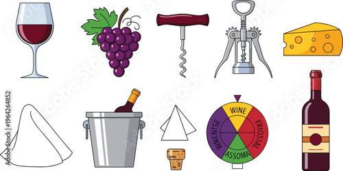 Wine Tasting and Accessories Vector Set Including Glass, Corkscrew, Grapes, Cheese, Bottle, and Wine Pairing Wheel for Wine Lovers and Sommelier Designs