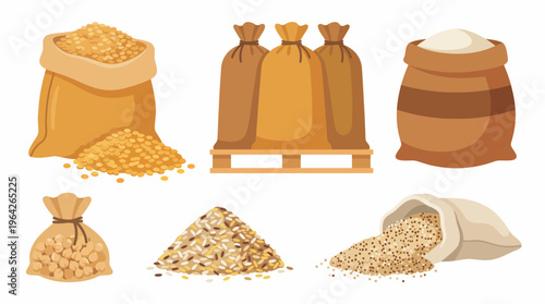 A collection of different grains and cereals displayed in bags and containers, highlighting the diverse range of agricultural products available for distribution and consumption.