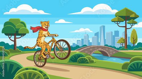 A whimsical cartoon cheetah cheerfully riding a bicycle through a vibrant landscape, showcasing playful imagination and a fun-loving spirit in an entertaining way.