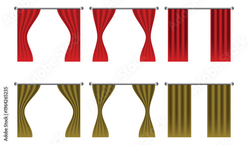 Red and Gold Stage Curtains Set Vector Illustration, Open and Closed Theater Drapes Collection. This high-quality vector illustration is perfect for cinema, presentations, events and show opening.