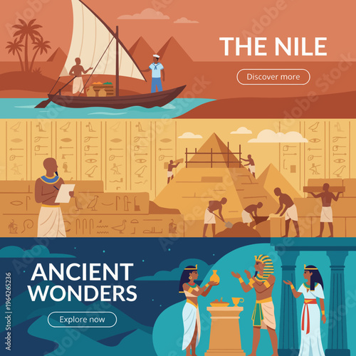 This image captures a tranquil boat journey on the Nile River, showcasing ancient Egyptian culture and iconic pyramids against a vibrant sunset backdrop.