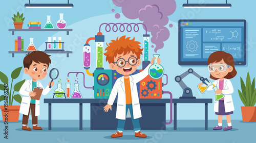 Three young scientists enthusiastically engage in various experiments in a colorful lab filled with scientific equipment, showcasing a sense of curiosity and discovery.