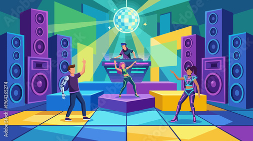 A vibrant dance party atmosphere features DJs spinning music, with energetic dancers on a colorful dance floor illuminated by a dazzling disco ball.