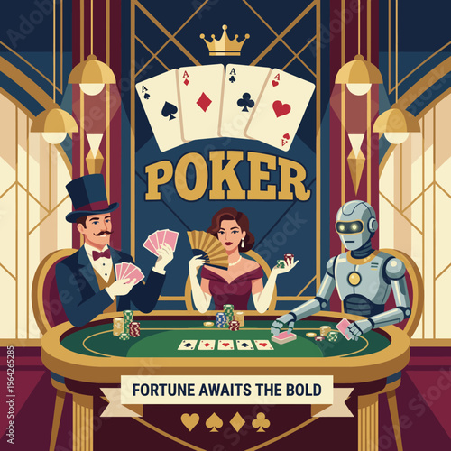 An engaging poker scene featuring players including a robot, showcasing the thrill and strategy involved in the game of chance at a luxurious casino table.