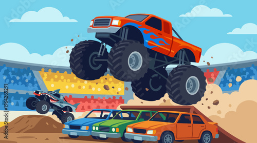 This artwork depicts an exciting monster truck showdown with trucks soaring over cars in a thrilling arena, emphasizing adrenaline and excitement in motorsport entertainment.