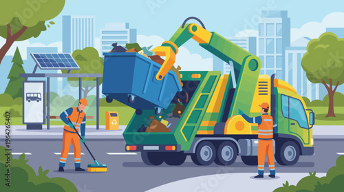 A busy scene portrays waste management workers actively cleaning the streets and managing waste disposal, emphasizing the importance of cleanliness and community service.