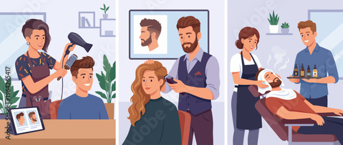 A vibrant hair salon scene demonstrates professional hair care services, with stylists employing techniques to enhance clients' beauty and confidence in a friendly atmosphere.