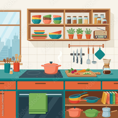 An illustrated kitchen scene filled with cooking tools, vibrant utensils, and a cozy atmosphere, highlighting the joy of cooking and homemaking with stylish decor.