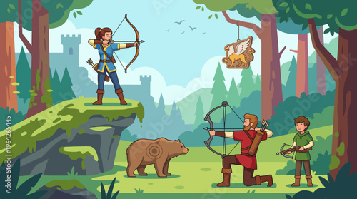Three archers aim at distant targets in a beautiful forest, showcasing a balance of nature and skill with a bear and a mythical griffin in sight.