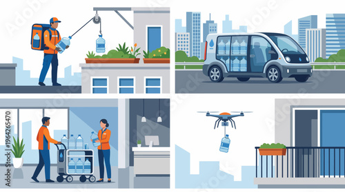This image showcases a modern water delivery service using various methods including trucks, drones, and manual workers in an urban setting full of skyscrapers.