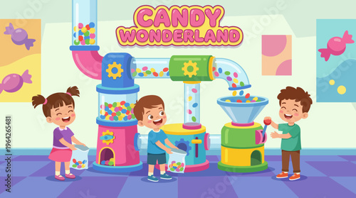 This vibrant and playful image depicts children joyfully operating candy-making machines in a whimsical candy factory, embodying creativity, fun, and childhood innocence.