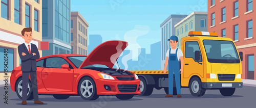A visually striking scene of a car breakdown in an urban environment, featuring a concerned businessman and a repair man ready to provide assistance with a tow truck.