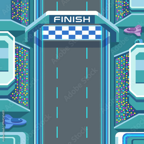 This modern race track layout exemplifies a futuristic design featuring a checkered finish line, perfect for digital racing apps or game development projects.