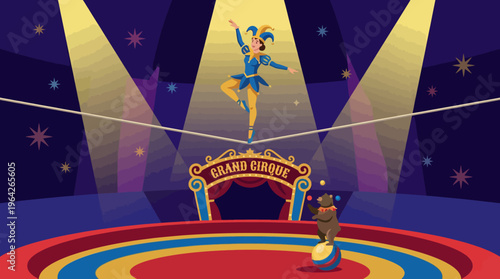 A talented circus performer in bright costume balances elegantly on a tightrope under colorful lights showcasing the excitement and skill of circus arts and performance.