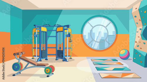 An inviting fitness studio filled with modern gym equipment and exercise mats, encouraging health and well-being through physical activity and a vibrant environment.