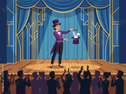 A skilled magician captivates the audience by pulling a rabbit out of a top hat on stage, surrounded by elegant curtains and an enthusiastic crowd, showcasing the magic of performance.
