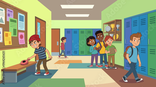 A vibrant school hallway featuring a mischievous boy planning a prank with a donut, while friends look on. Other students walk in the background, setting a lively scene.