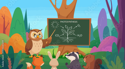 An owl teaches a group of eager forest animals about photosynthesis beneath colorful trees in a cheerful, educational scene encapsulating nature's wonders.