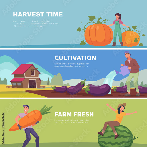 An educational illustration showcasing the stages of farming from cultivation to harvest time, emphasizing the importance of agriculture and fresh produce in our lives.