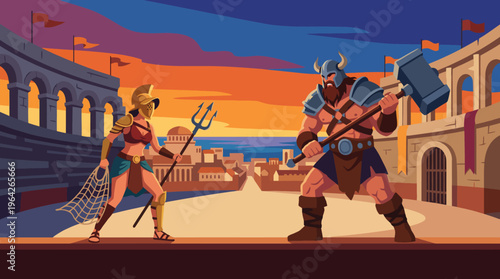 An epic illustration of gladiators facing off in an arena under a dramatic sunset, depicting themes of strength, conflict, and historical storytelling in ancient Rome.