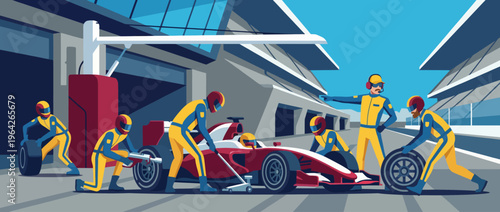 An illustration of a racing pit stop scene, showcasing a team efficiently changing tires on a race car, capturing the intense and fast-paced world of motorsports.