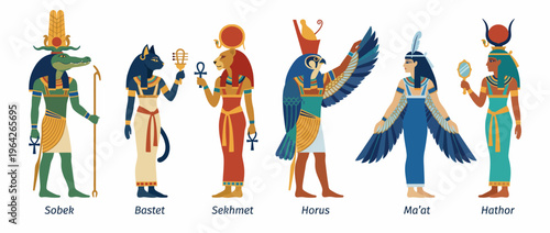 This vibrant artwork features key deities from Egyptian mythology, showcasing their unique attributes and symbols, celebrating the rich culture and historical significance of ancient Egypt.