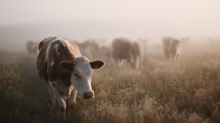 Cow standing in a field of tall grass. the cow is facing the camera and appears to be looking directly at the camera. it has a brown and white spotted coat and is standing on all fours.