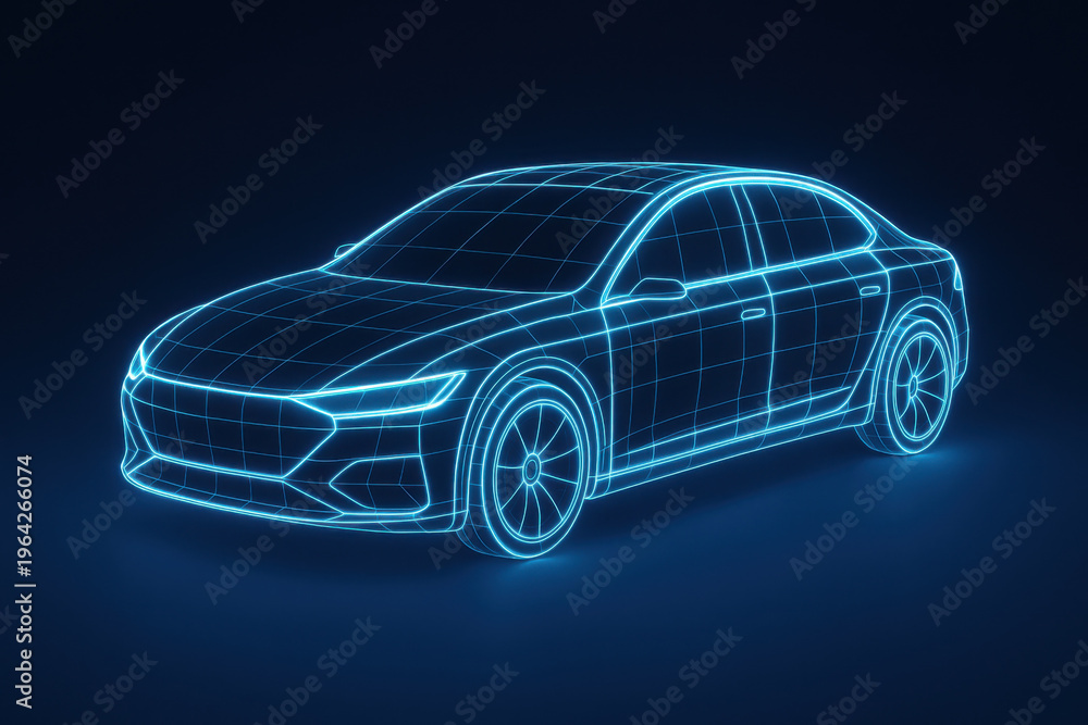 Fototapeta premium Futuristic electric car concept with glowing blue neon outline. An innovative autonomous vehicle design on dark background represents modern automotive technology and progress