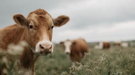 Close-up of a brown cow standing in a field of tall grass. the cow is looking directly at the camera with a curious expression on its face.