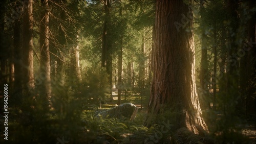 Photos Sunlight shines through towering trees, casting soft shadows on the forest floor