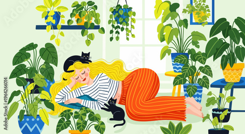 Cozy flat vector illustration of a woman sleeping with cats, urban jungle interior with many potted houseplants, relaxing home atmosphere