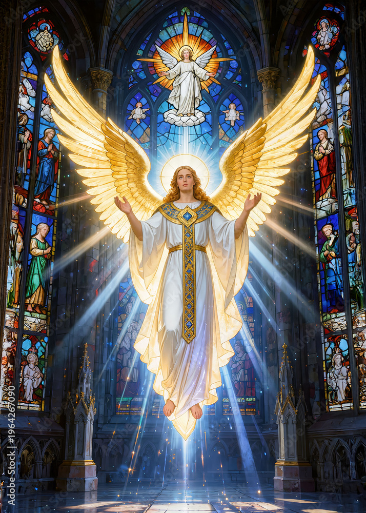 Fototapeta premium Divine glowing angel with golden wings rising in heavenly sky