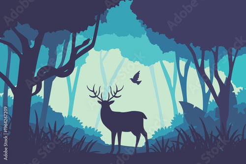 Silhouette of a deer and a bird in a magical forest landscape