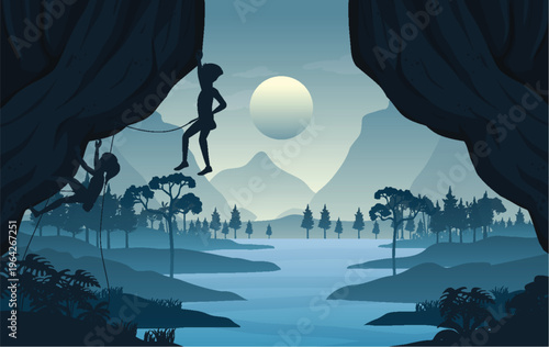 Silhouette of rock climbers on a cliff face overlooking a mountain landscape