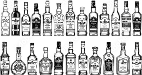 Collection of Various Alcoholic Liquor Bottles Including Vodka, Brandy, Whiskey, and Cognac