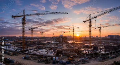 Construction site with cranes at sunset