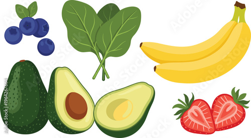 Healthy Fresh Fruits and Vegetables Illustration, Including Avocado, Banana, Spinach, Blueberries, and Strawberries