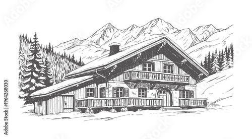 Black and white of a rustic wooden mountain chalet with snow covered peaks and pine trees