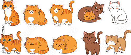 Cute Cat Character Set Including Sleeping, Playful, and Cuddling Cats for Pet, Animal, and Character Design Illustrations