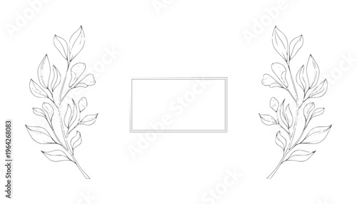 Black and white symmetrical botanical leafy branches framing empty rectangle
