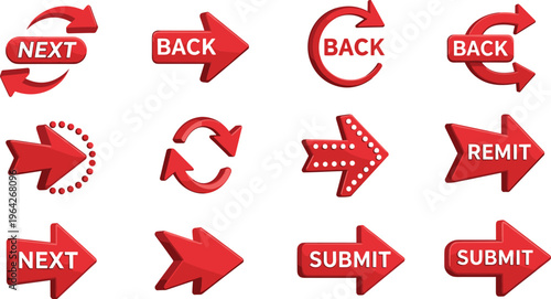 3D Red Arrow Icons Set for Navigation, Submission, and Directional Actions in User Interface Design