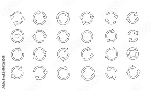 Collection of monochrome circular arrow in various styles and orientations rotation
