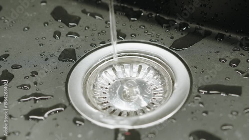 Closeup of Water Flowing Into Stainless Steel Kitchen Sink Drain With Droplets and Reflections
