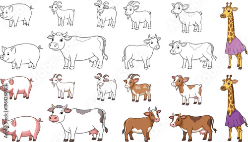 Farm Animal Characters Including Pig, Goat, Cow, and Giraffe in Various Poses for Kids' Illustration, Education, and Fun Designs