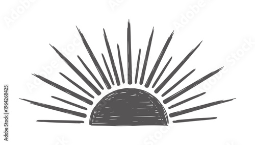 Hand drawn dark grey sunburst rising over horizon sunrise rays