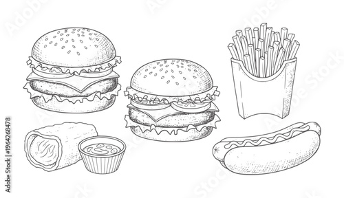 Hand drawn of fast food including burgers fries hot dog and burrito hamburger french