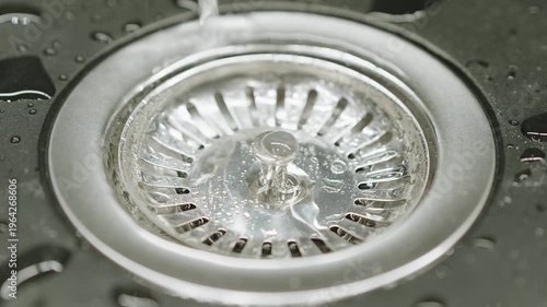 Close-Up Stainless Steel Kitchen Sink Drain With Water Drops, Strainer Plug And Wet Surface