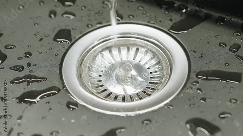 Close-Up Of Stainless Steel Sink Drain With Running Water And Water Droplets