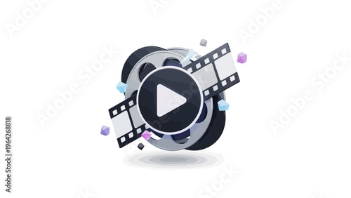 High-quality 3D render of a vintage movie camera and film reel appearing as a cinematic digital illustration icon.