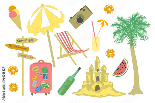 Set summer vacation elements - suitcase, palm, beach umbrella, cocktail, sun lounger, camera, ice cream, road sign, sand castle. Perfect for poster, card, scrapbooking, tag, invitation, sticker kit
